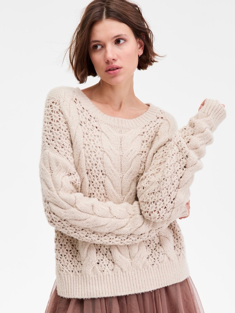 Lucky Brand Beige/Cream Cable & Openwork Crewneck Sweater